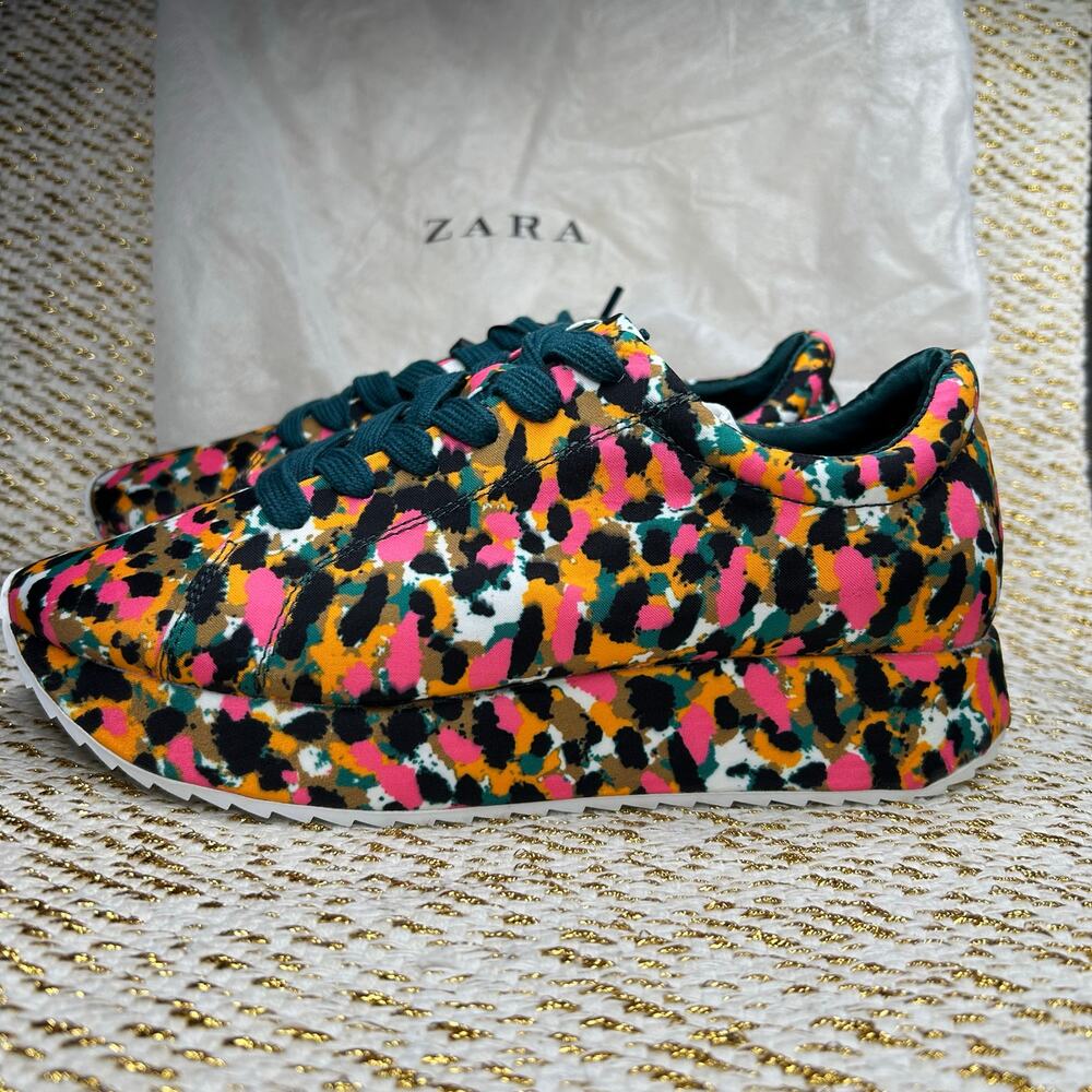 Zara Leopard 35 Multicolor‎ Satin Sneakers- size US6 NWT and in Bag